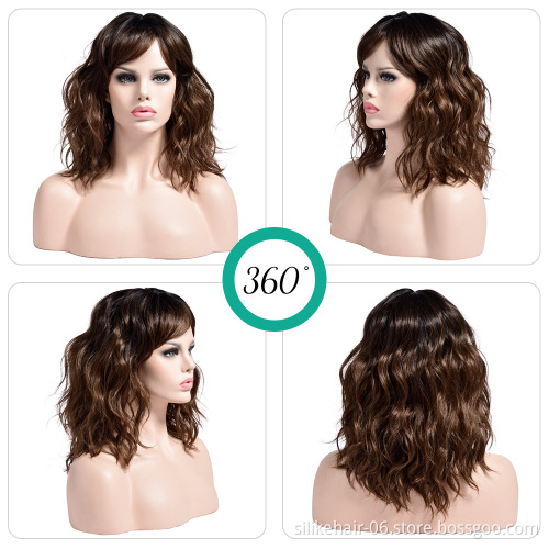 Wholesale Heat Resistant Brown Vine Purple Pink Black Silky Curly Wig For Women Synthetic Short Water Wavy Wigs With Bangs